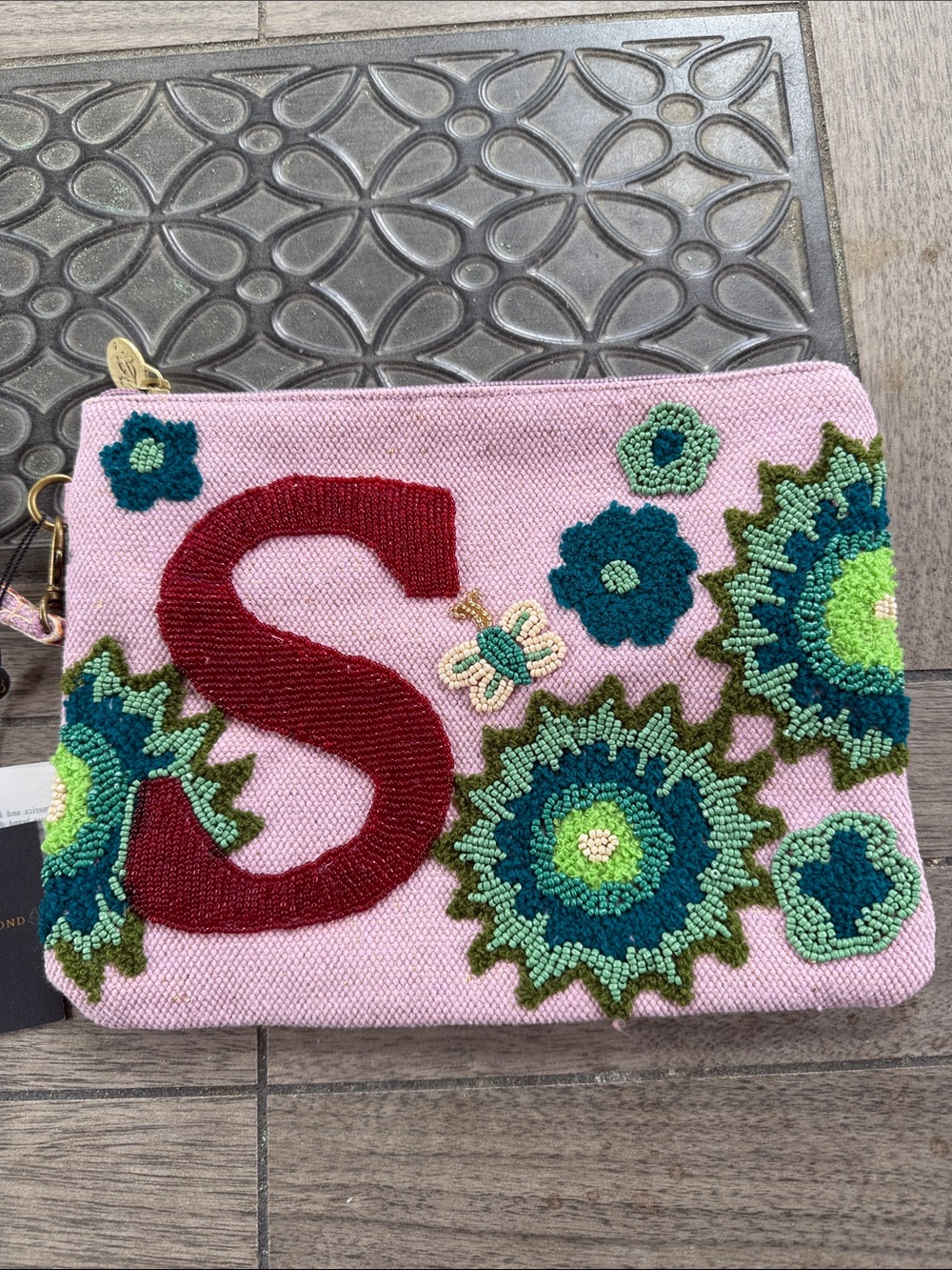 NWT America & Beyond Monogram S Pink Beaded Floral Zip Pouch